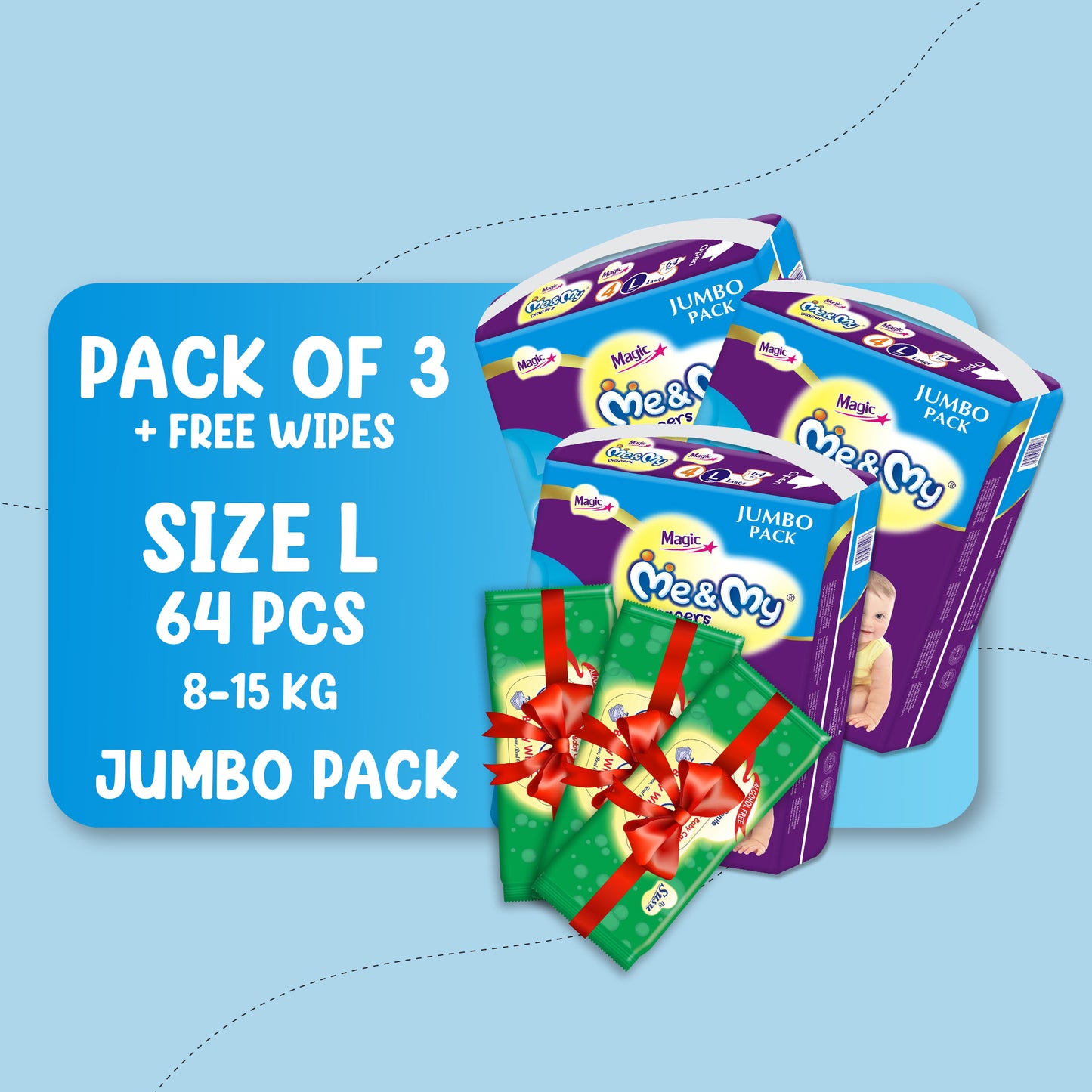 ME & MY MAGIC JUMBO (L)-64 PCS BUNDLE PACKS OF 3 + Free Wipes