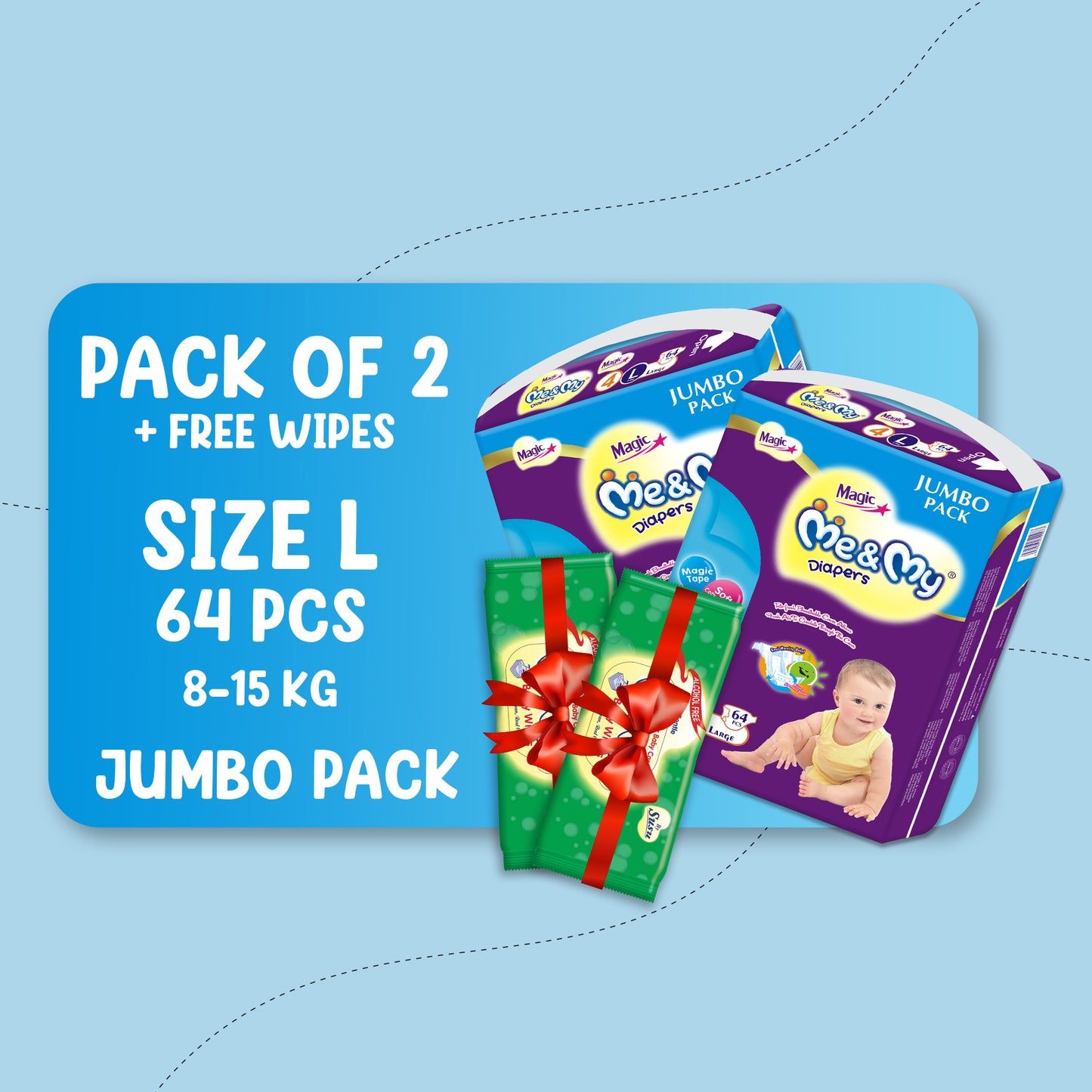 ME & MY MAGIC JUMBO (L)-64 PCS BUNDLE PACKS OF 2 + Free Wipes
