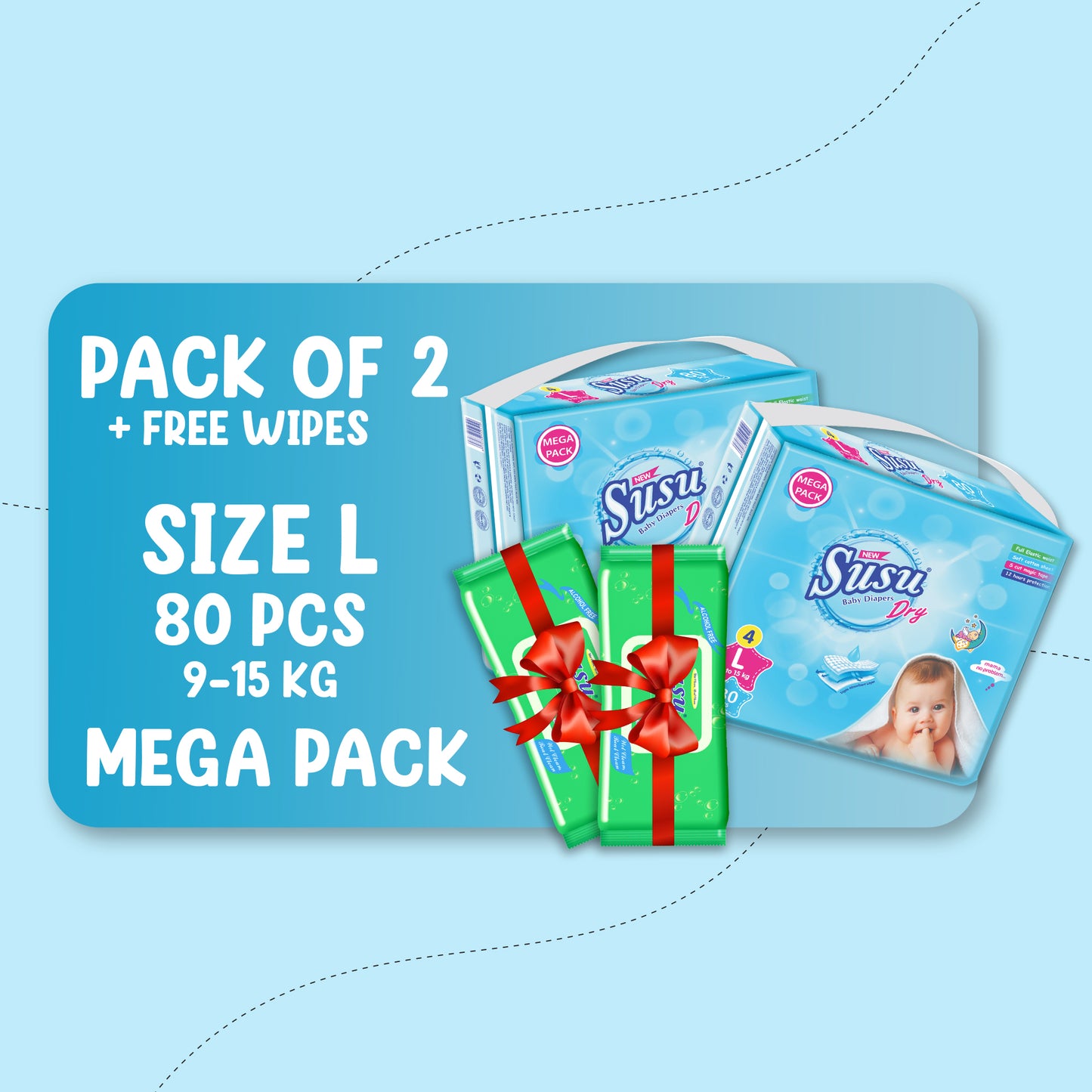 NEW SUSU DRY MEGA (L)-80 PCS BUNDLE PACKS OF 2 + FREE WIPES