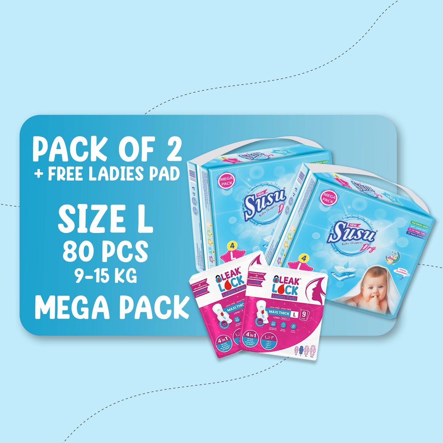 NEW SUSU DRY MEGA (L)-80 PCS BUNDLE PACKS OF 2 + FREE Ladies Pads