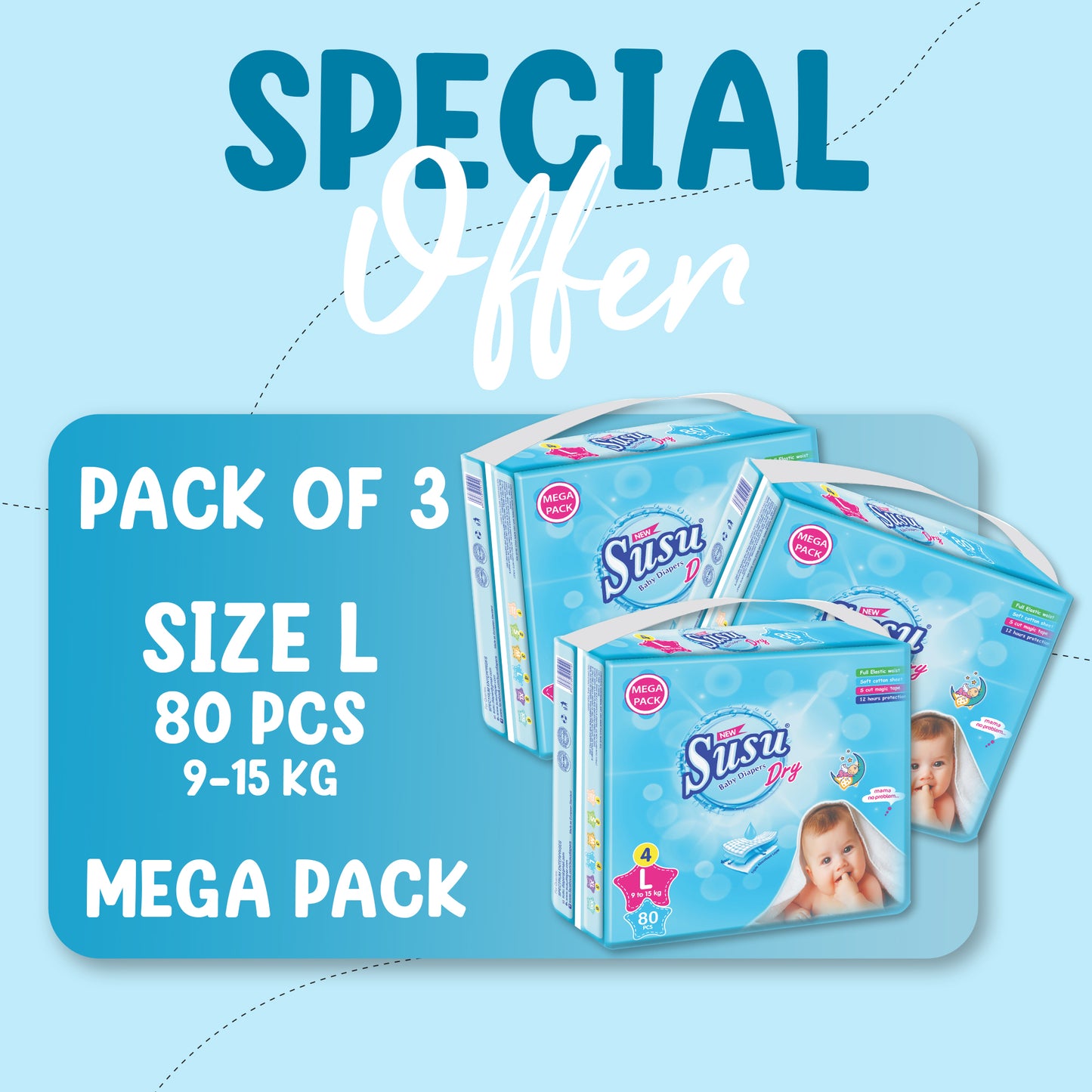 NEW SUSU DRY MEGA (L)-80 PCS BUNDLE PACKS OF 3