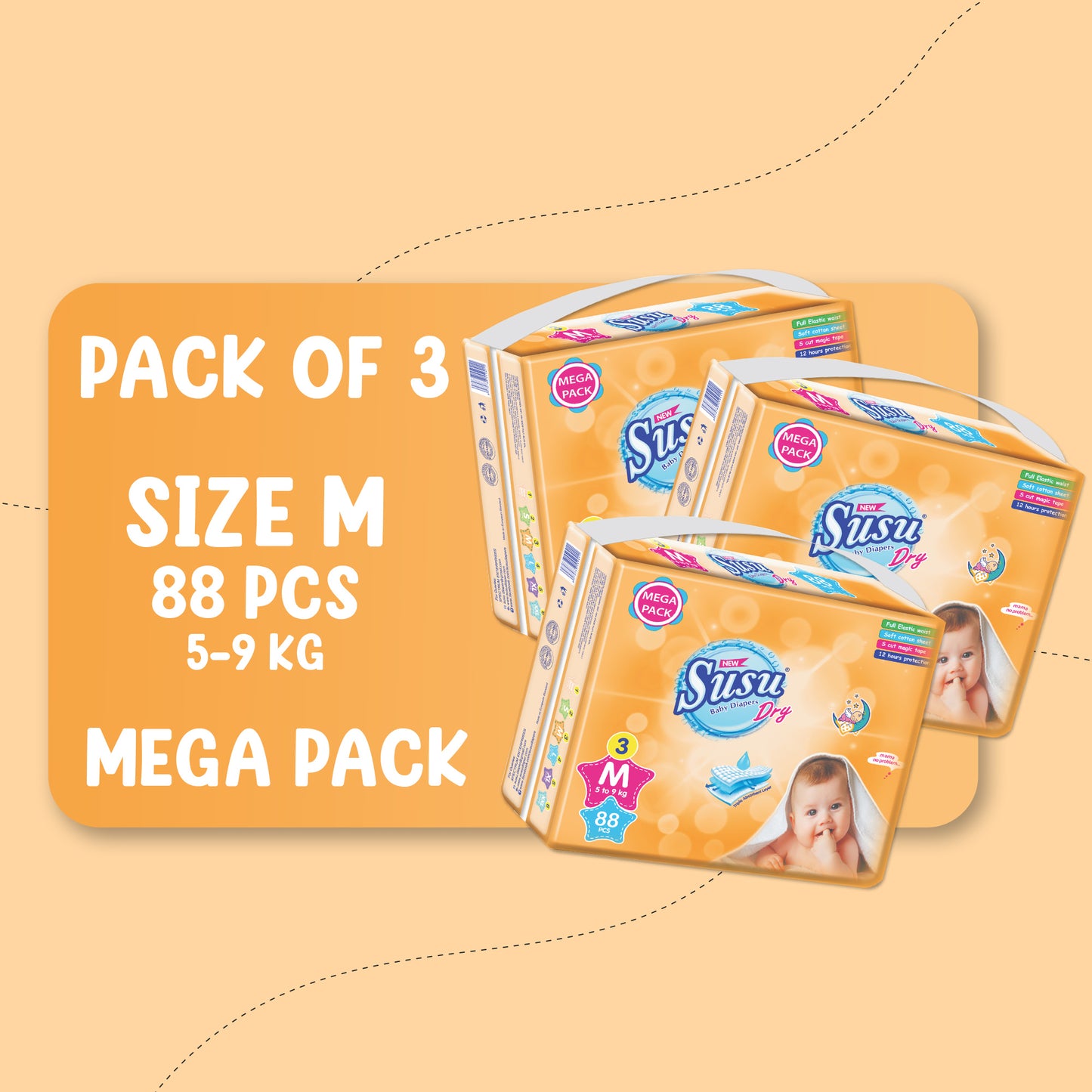 NEW SUSU DRY MEGA (M)-88 PCS BUNDLE PACKS OF 3