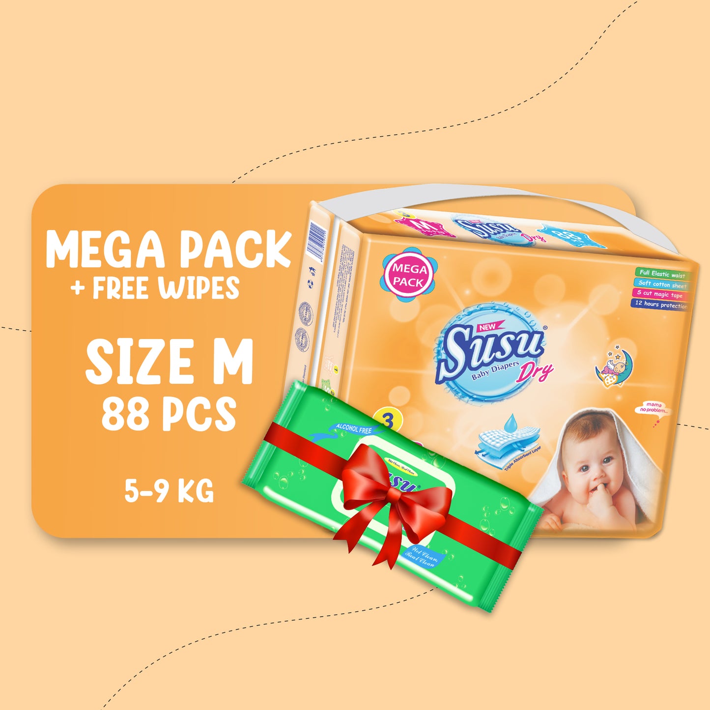 NEW SUSU DRY MEGA (M)- 88 PCS + FREE WIPES