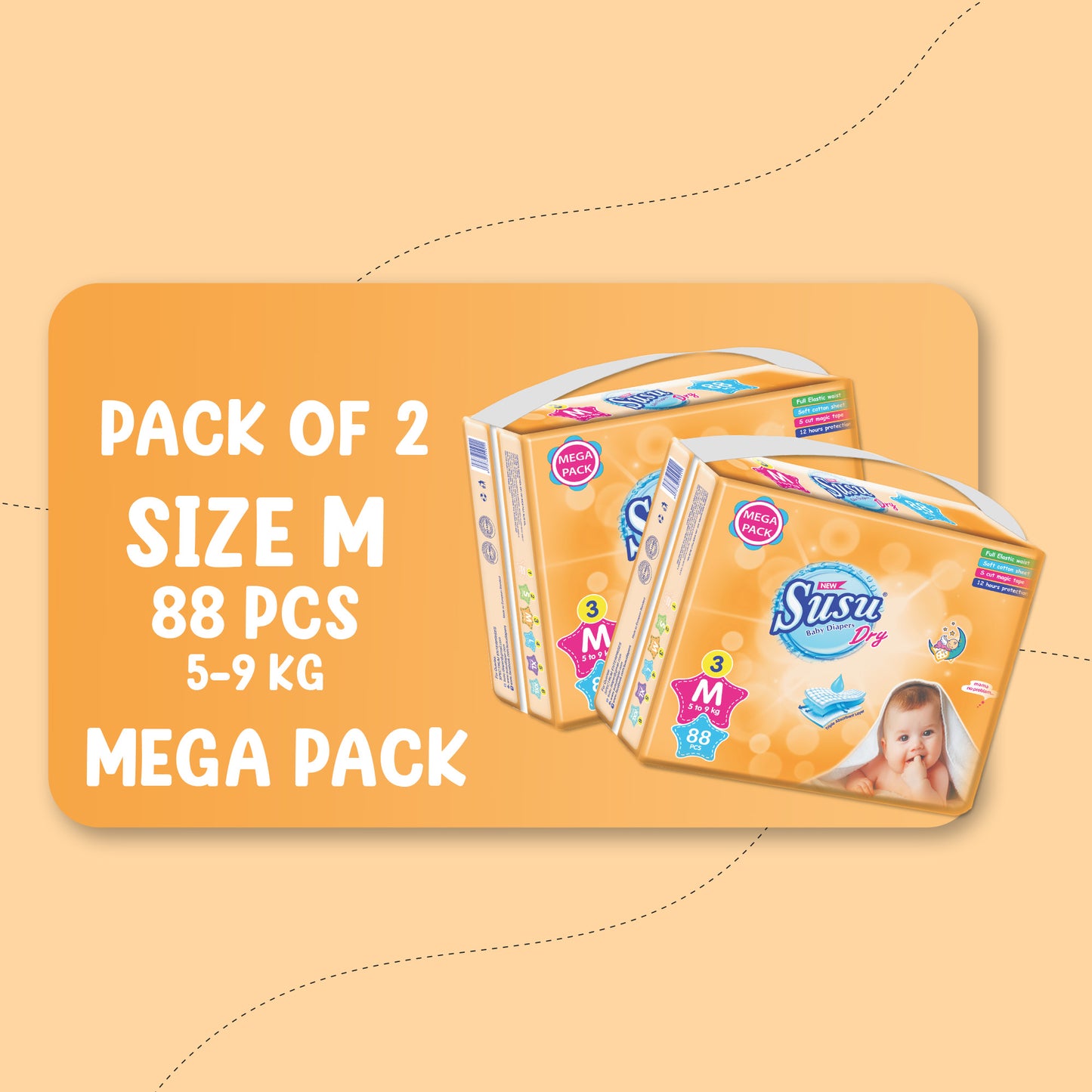 NEW SUSU DRY MEGA (M)-88 PCS BUNDLE PACKS OF 2