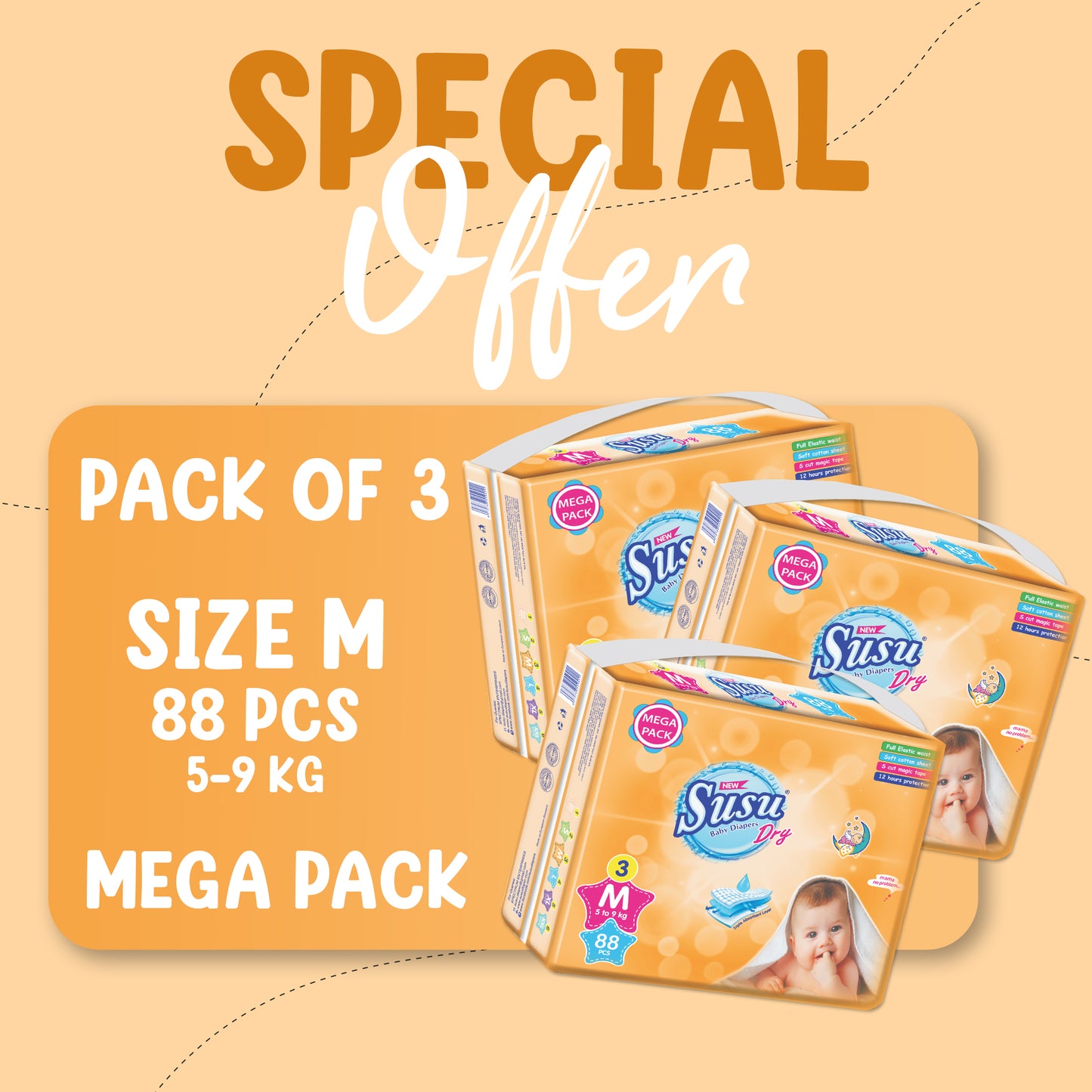 NEW SUSU DRY MEGA (M)-88 PCS BUNDLE PACKS OF 3