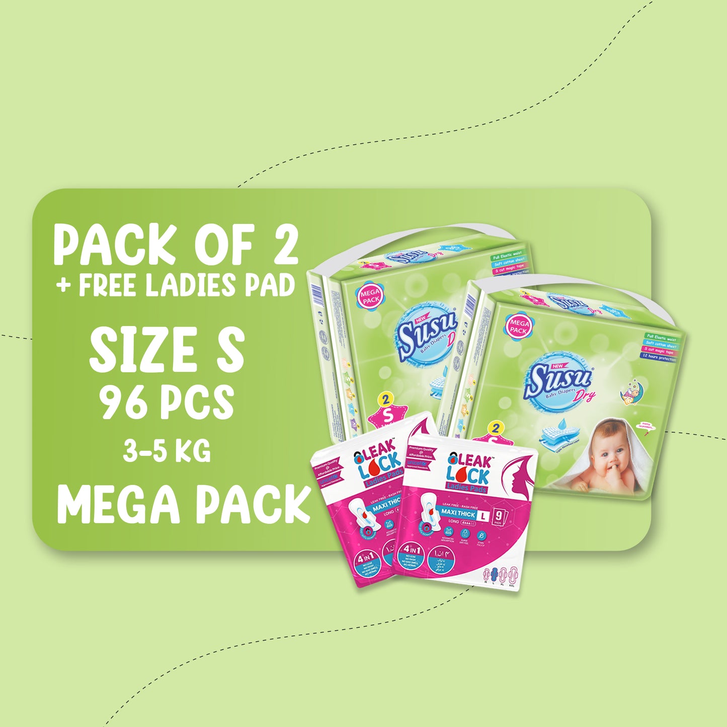 NEW SUSU DRY MEGA (S)-96 PCS BUNDLE PACKS OF 2 + FREE Ladies Pads