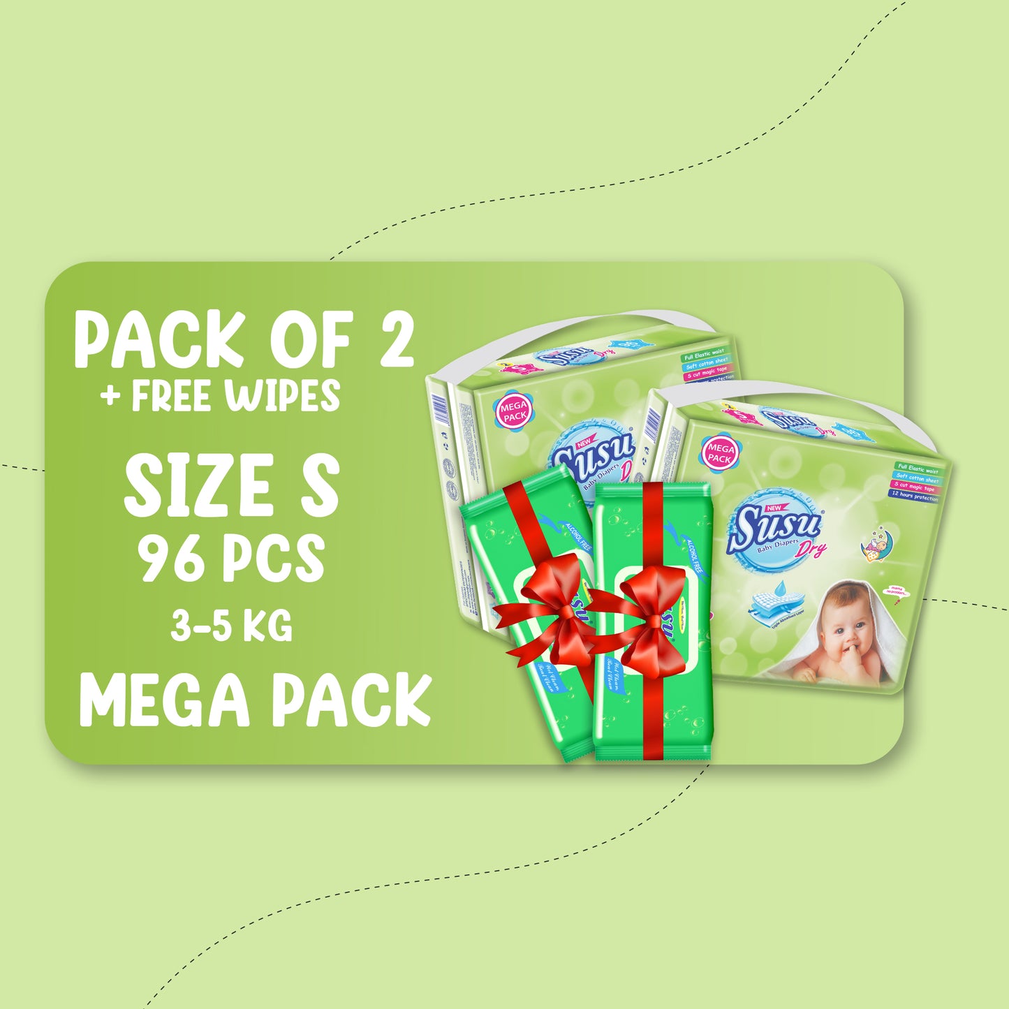 NEW SUSU DRY MEGA (S)-96 PCS BUNDLE PACKS OF 2 + FREE WIPES
