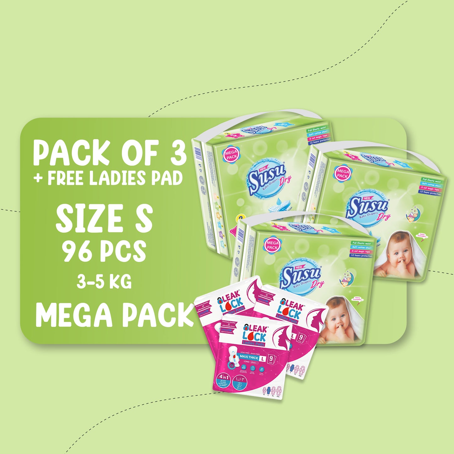 NEW SUSU DRY MEGA (S)-96 PCS BUNDLE PACKS OF 3 + FREE Ladies Pads