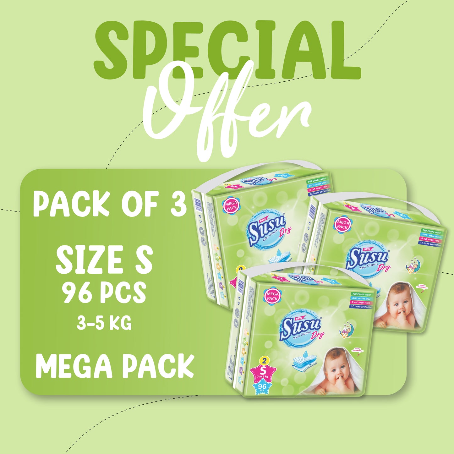 NEW SUSU DRY MEGA (S)-96 PCS BUNDLE PACKS OF 3