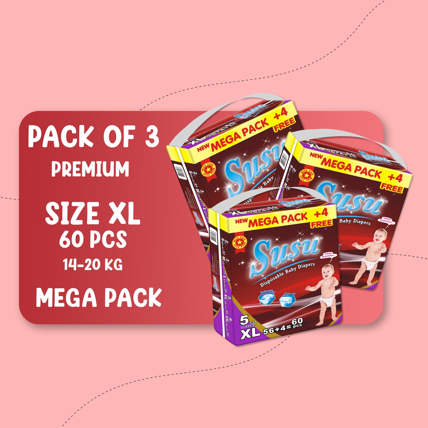 SUSU MEGA PREMIUM (XL)-60 PCS BUNDLE PACK OF 3