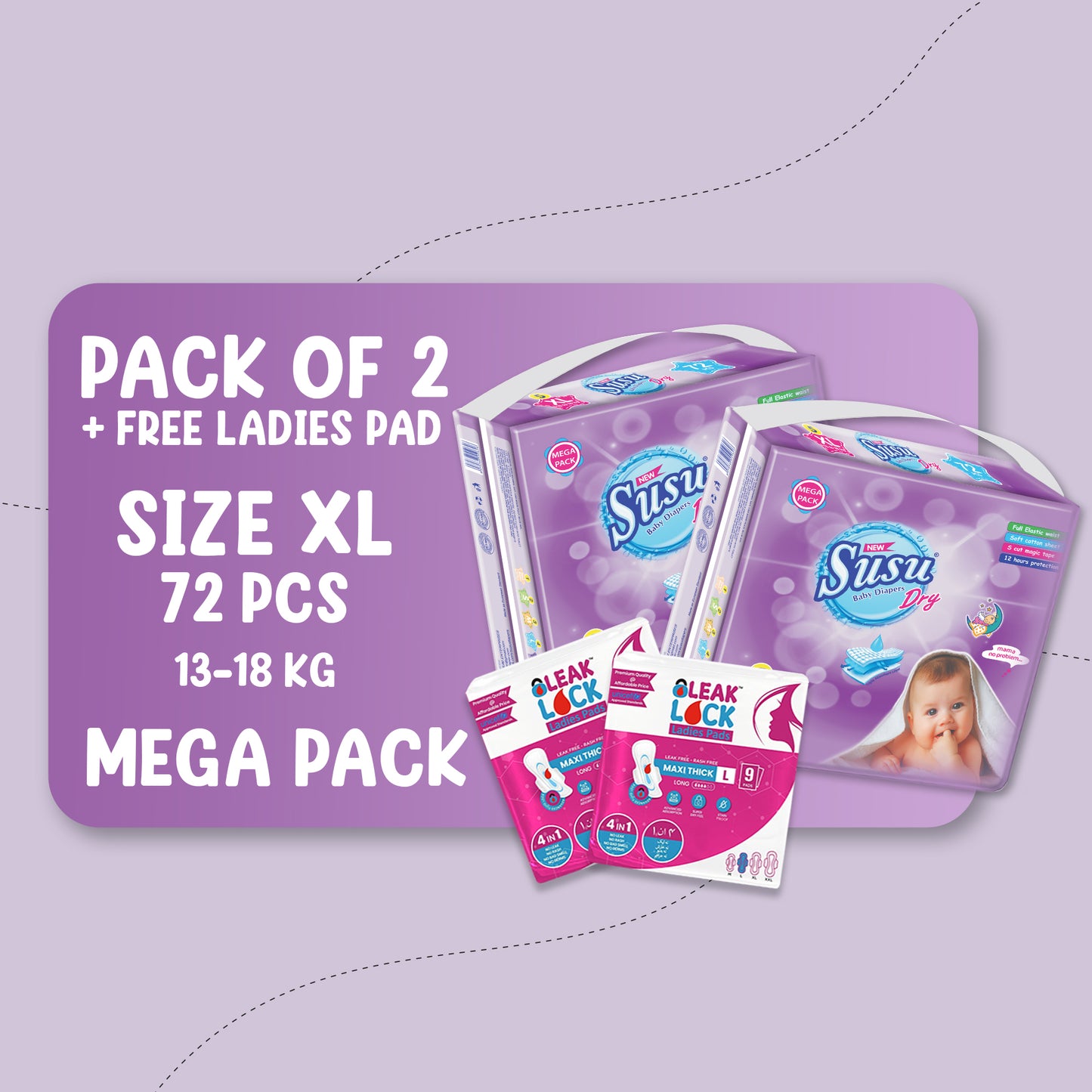 NEW SUSU DRY MEGA (XL)-72 PCS BUNDLE PACKS OF 2 + FREE Ladies Pads