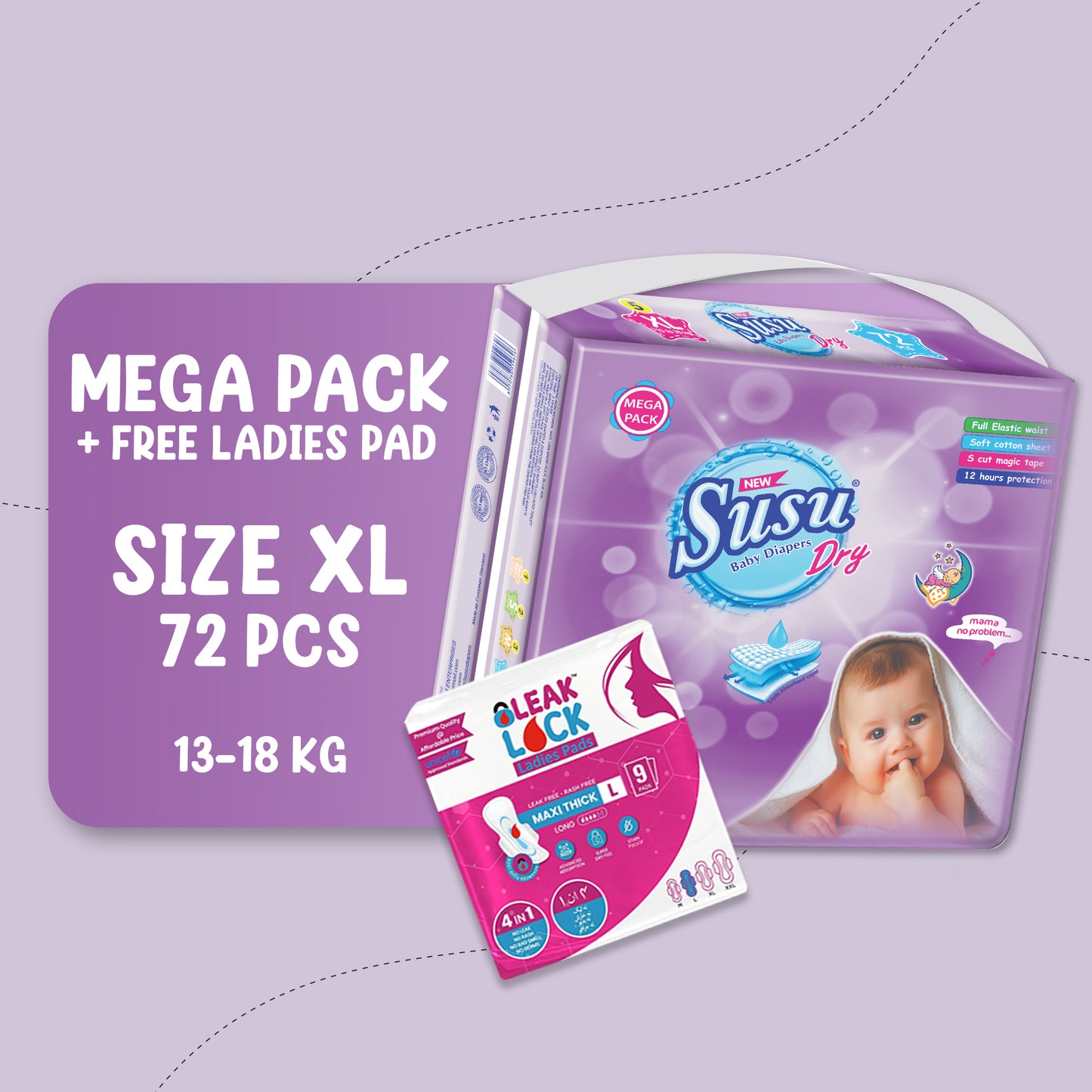 NEW SUSU DRY MEGA (XL)- 72 PCS + FREE Ladies Pad