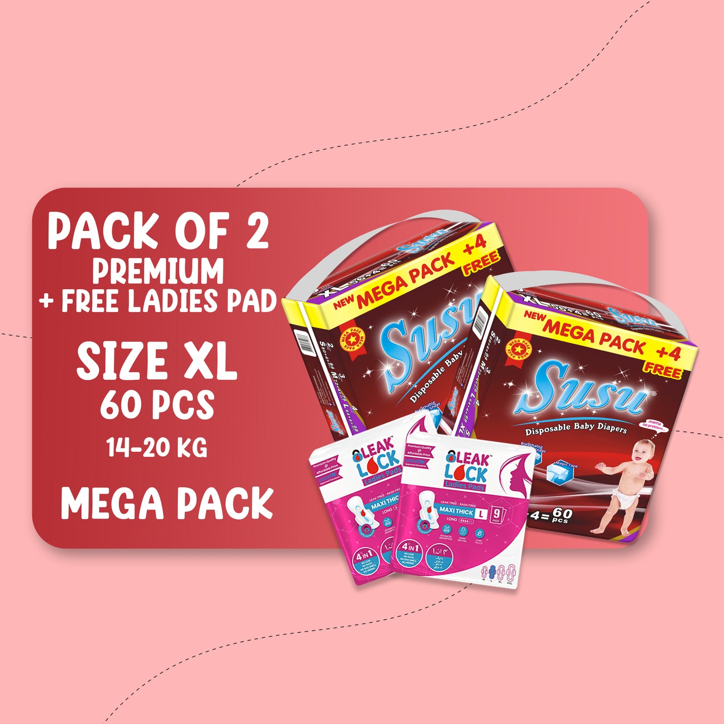 SUSU MEGA PREMIUM (XL)-60 PCS BUNDLE PACK OF 2 + FREE Ladies Pads
