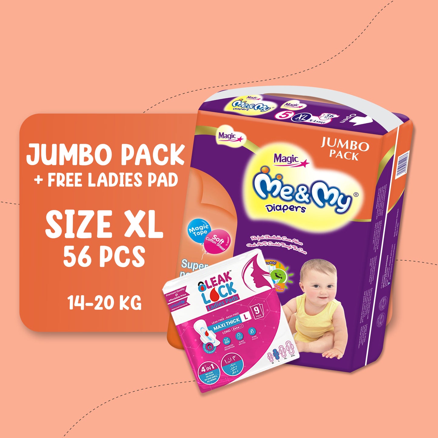 ME & MY MAGIC JUMBO (XL)- 56 PCS + Free Ladies Pads