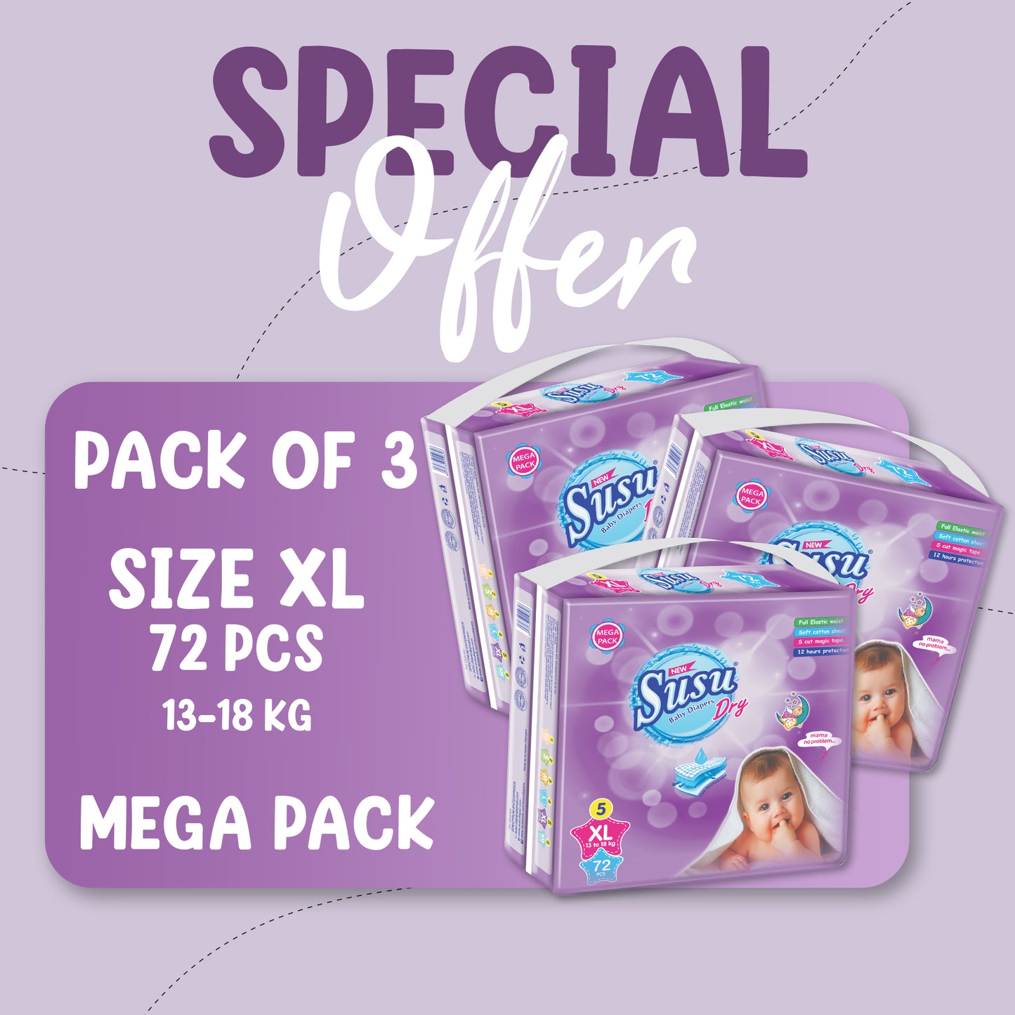 NEW SUSU DRY MEGA (XL)-72 PCS BUNDLE PACKS OF 3