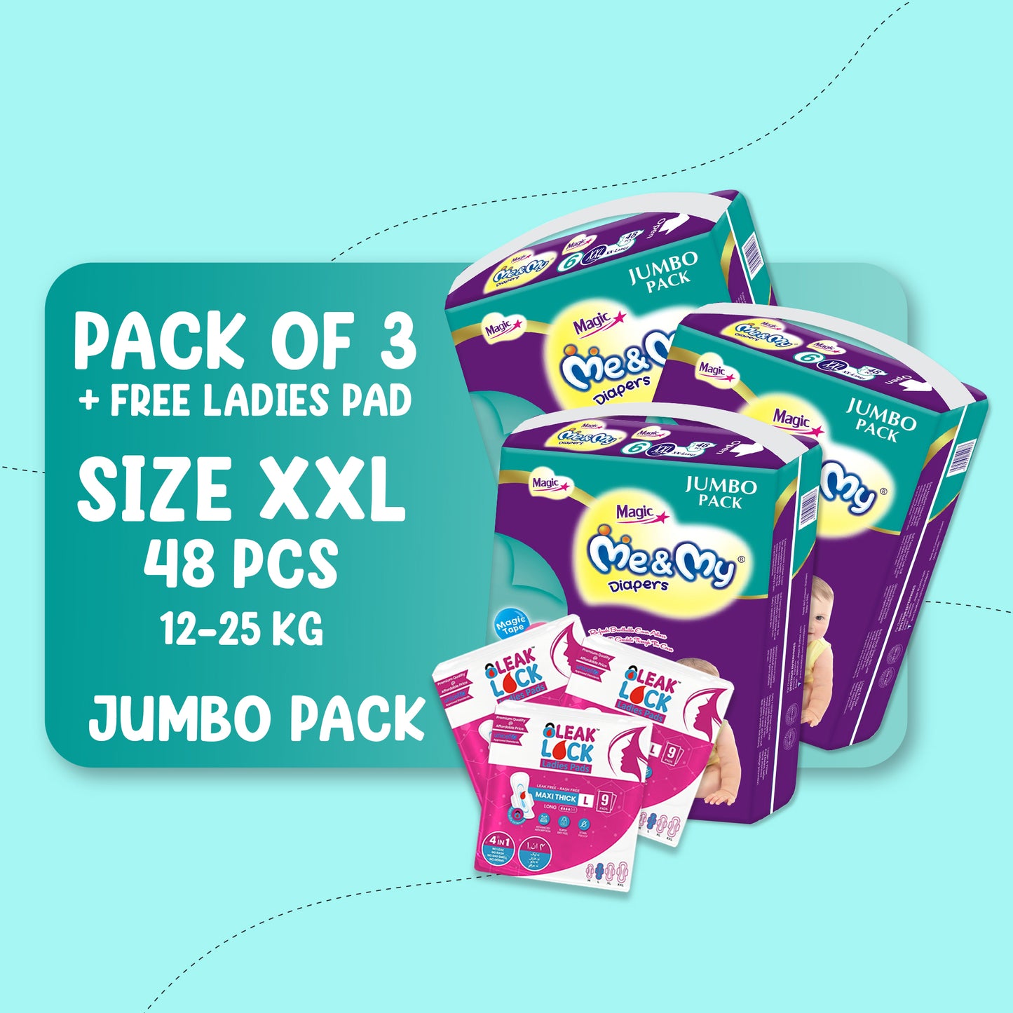 ME & MY MAGIC JUMBO (XXL)-48 PCS BUNDLE PACKS OF 3 + Free Ladies Pads