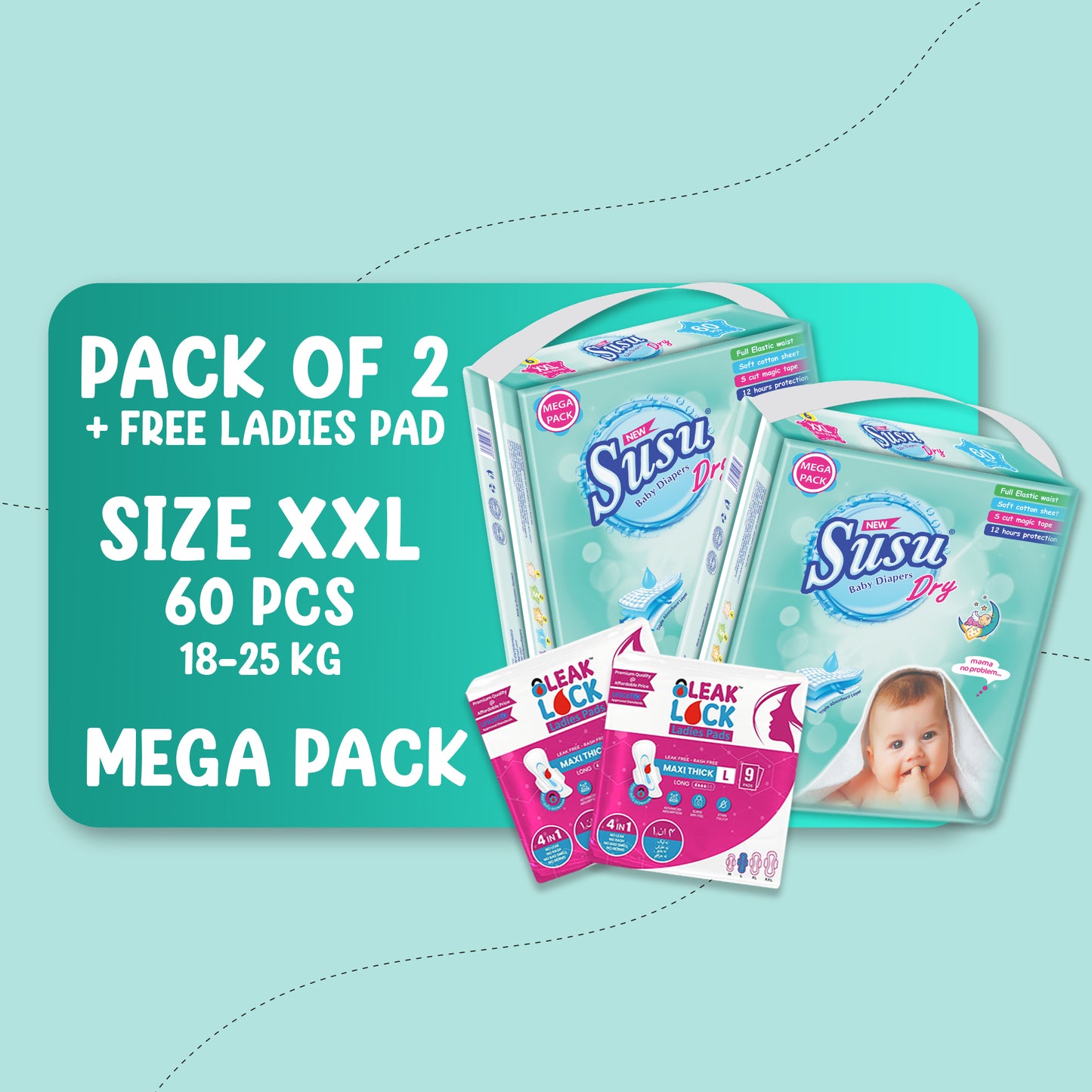 NEW SUSU DRY MEGA (XXL)-60 PCS BUNDLE PACKS OF 2 + FREE Ladies Pads