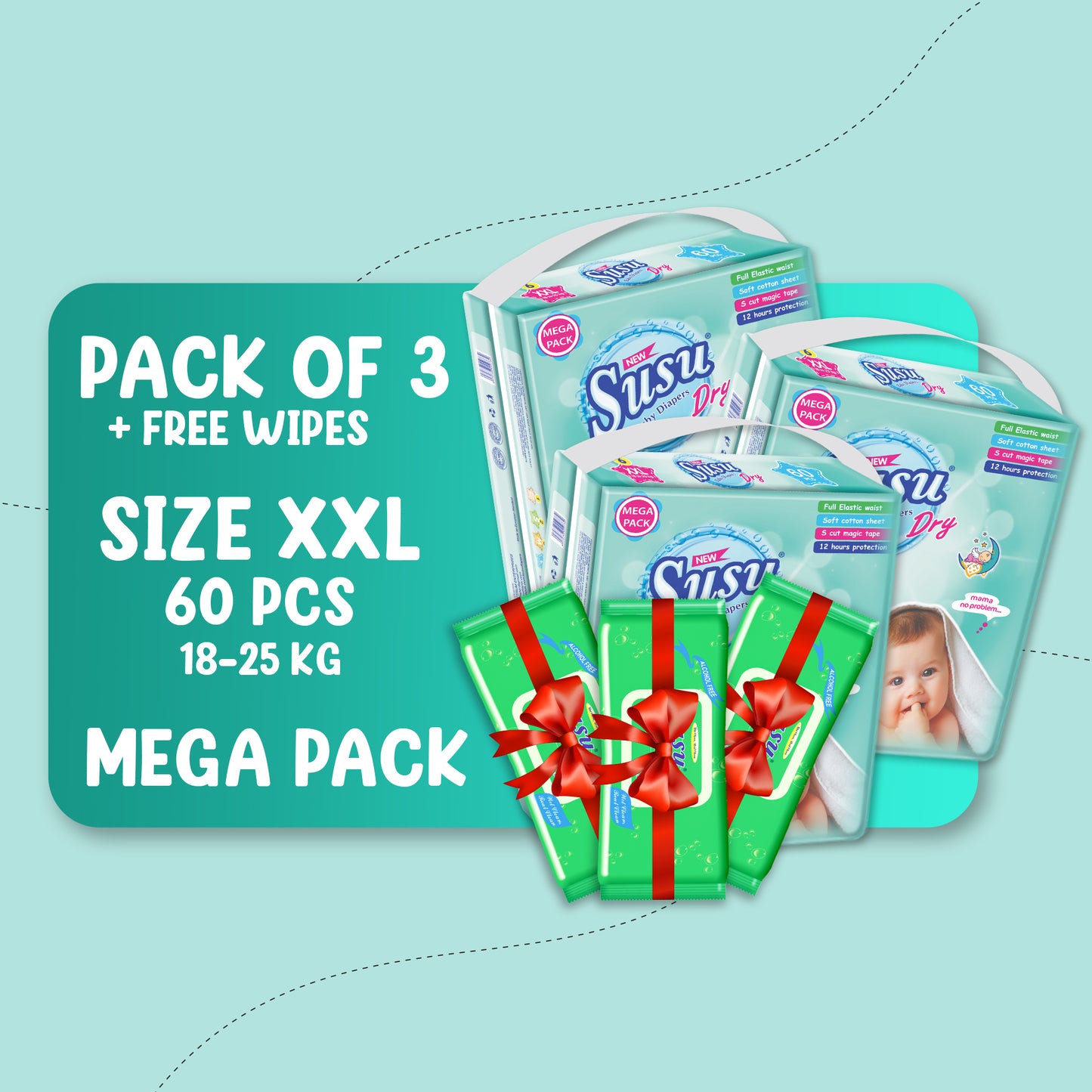 NEW SUSU DRY MEGA (XXL)-60 PCS BUNDLE PACKS OF 3 + FREE WIPES