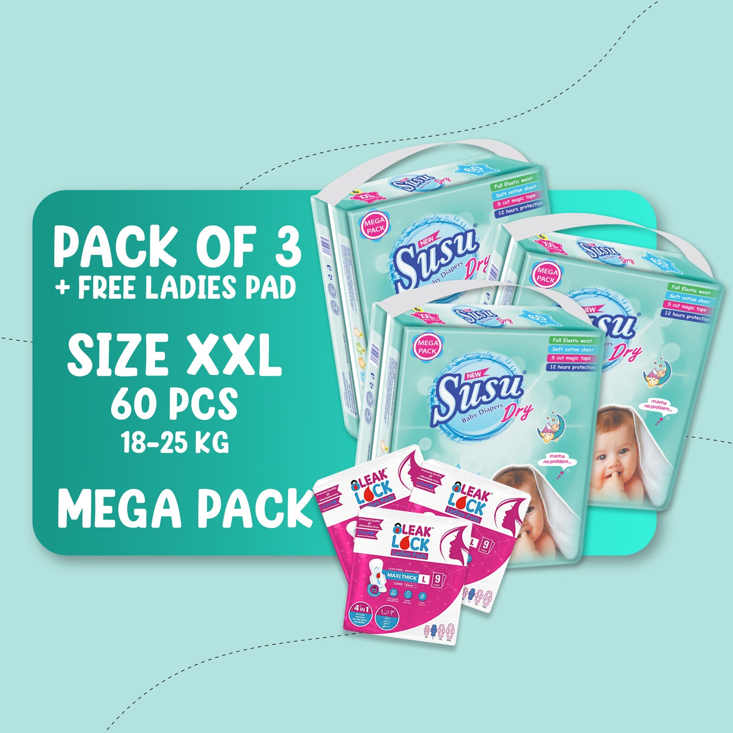 NEW SUSU DRY MEGA (XXL)-60 PCS BUNDLE PACKS OF 3 + FREE Ladies Pads