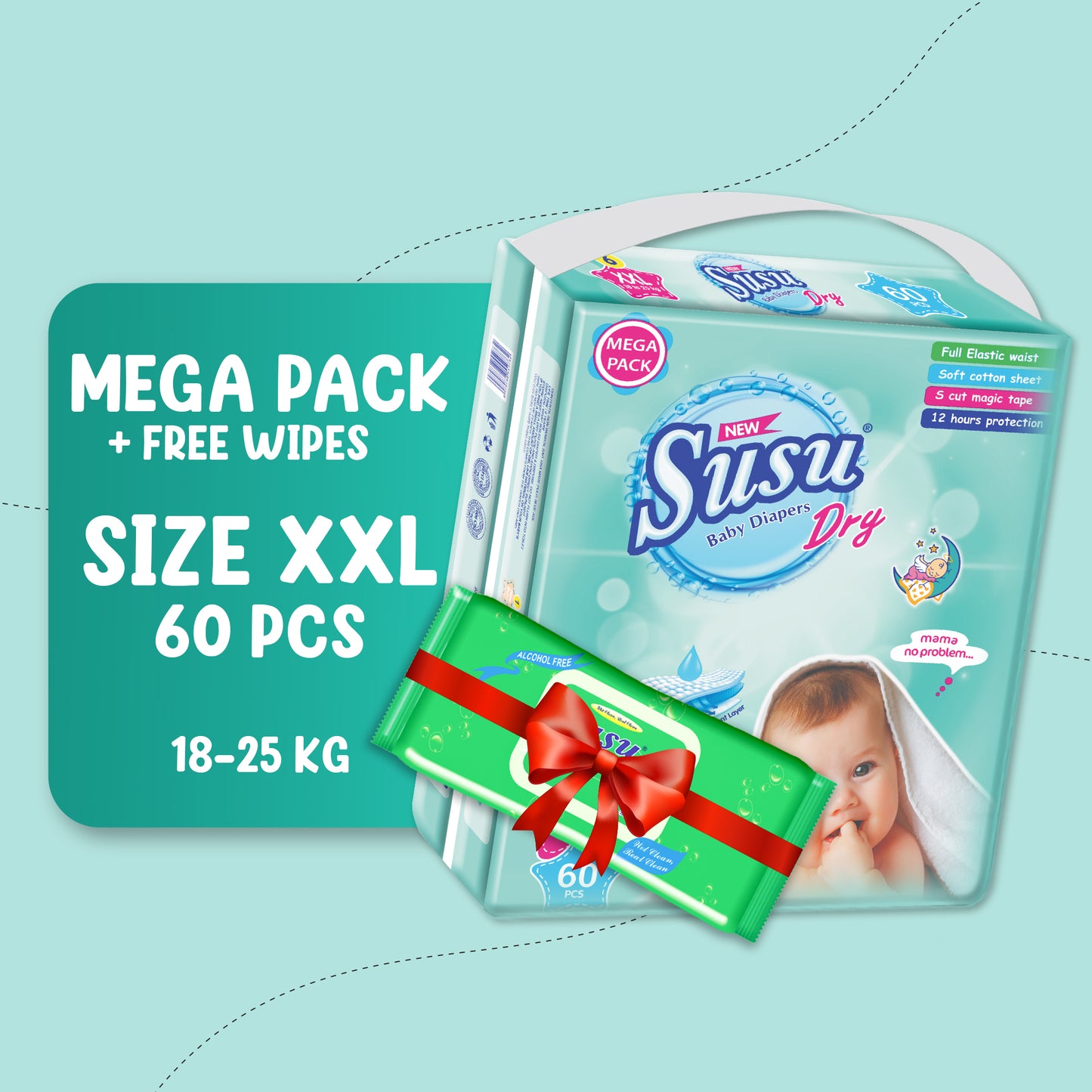 NEW SUSU DRY MEGA (XXL) - 60 PCS + FREE WIPES