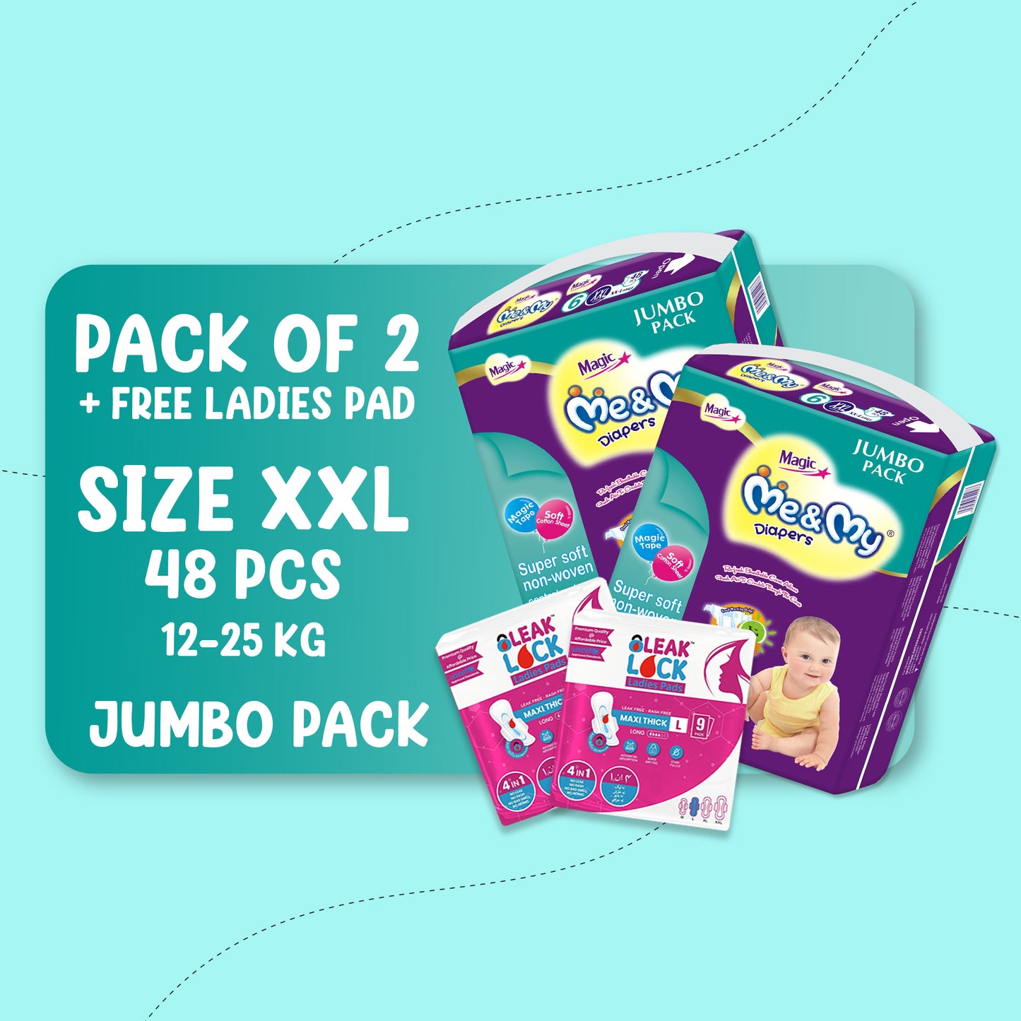 ME & MY MAGIC JUMBO (XXL)-48 PCS BUNDLE PACKS OF 2 + Free Ladies Pads