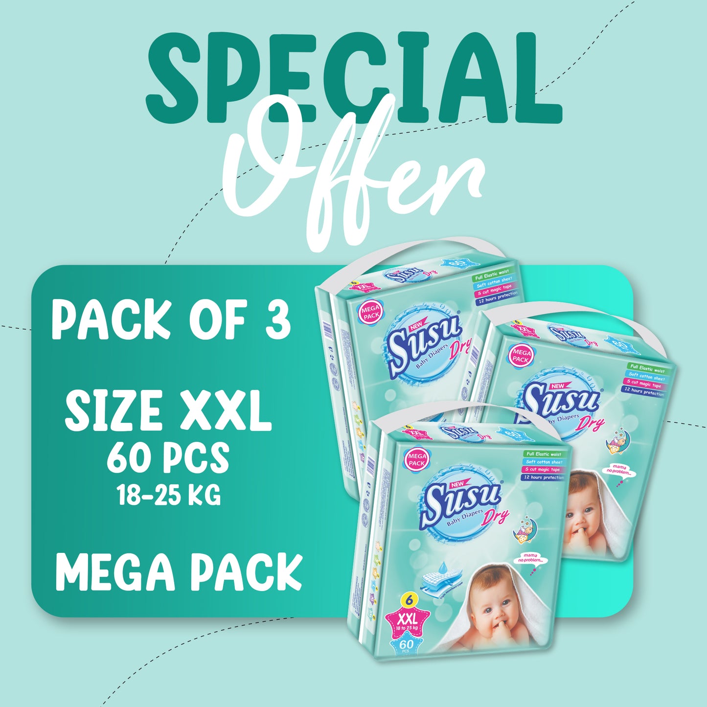 NEW SUSU DRY MEGA (XXL)-60 PCS BUNDLE PACKS OF 3
