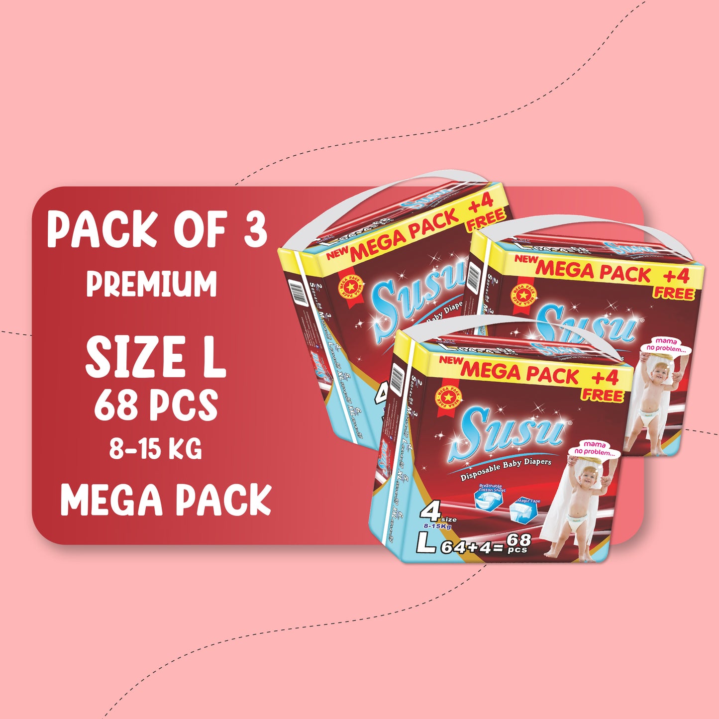 SUSU MEGA PREMIUM (L)-68 PCS BUNDLE PACK OF 3