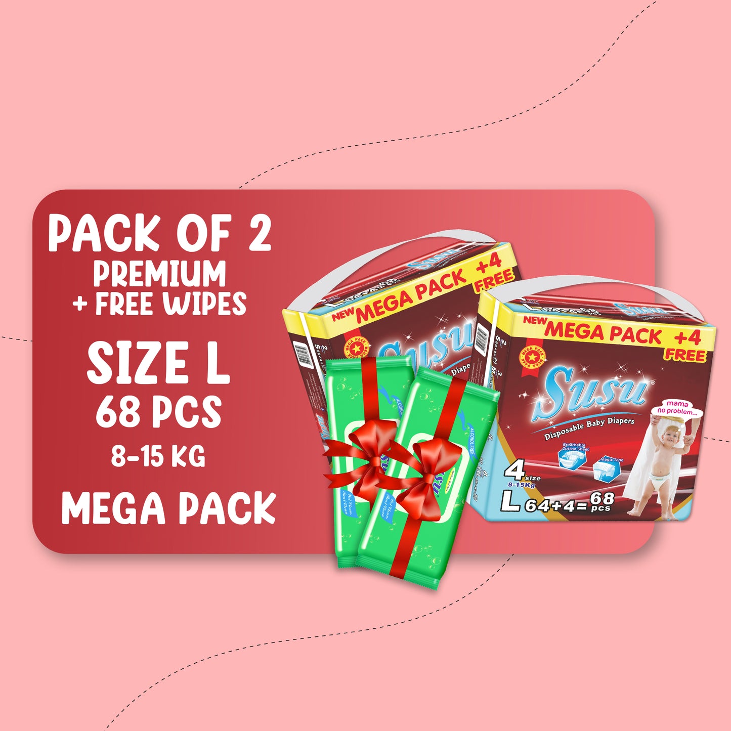 SUSU MEGA PREMIUM (L)-68 PCS BUNDLE PACK OF 2 + FREE WIPES