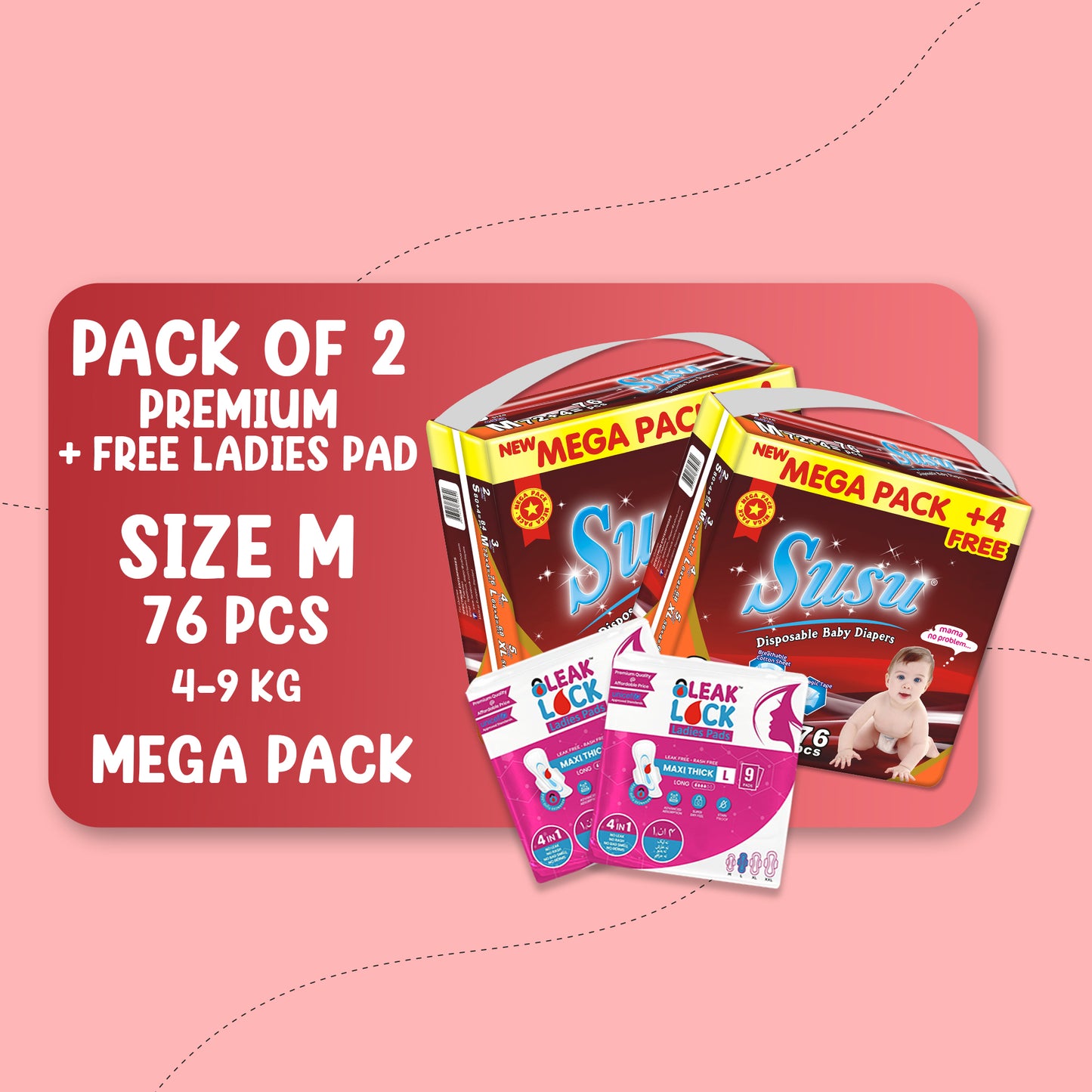 SUSU MEGA PREMIUM (M)-76 PCS BUNDLE PACK OF 2 + FREE Ladies Pads