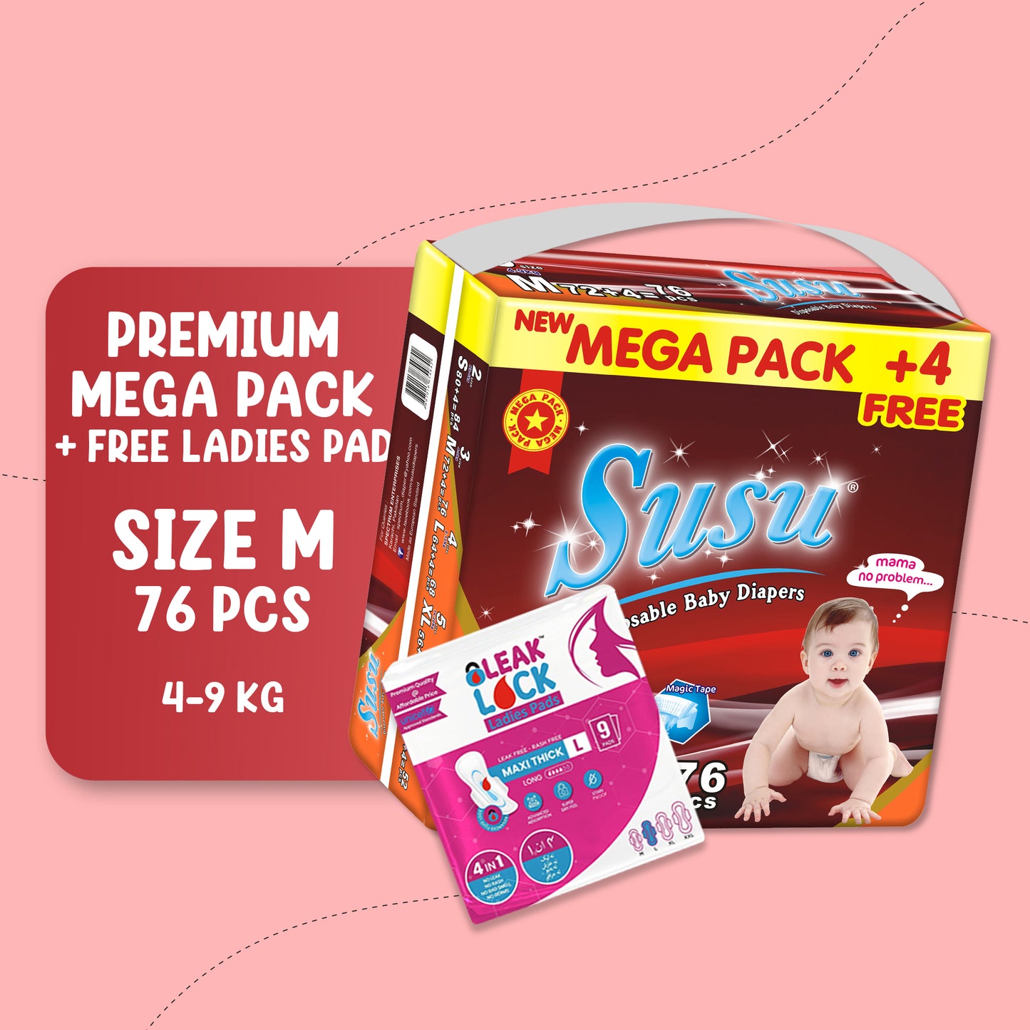 SUSU MEGA PACK M-76 PCS + free Ladies Pad