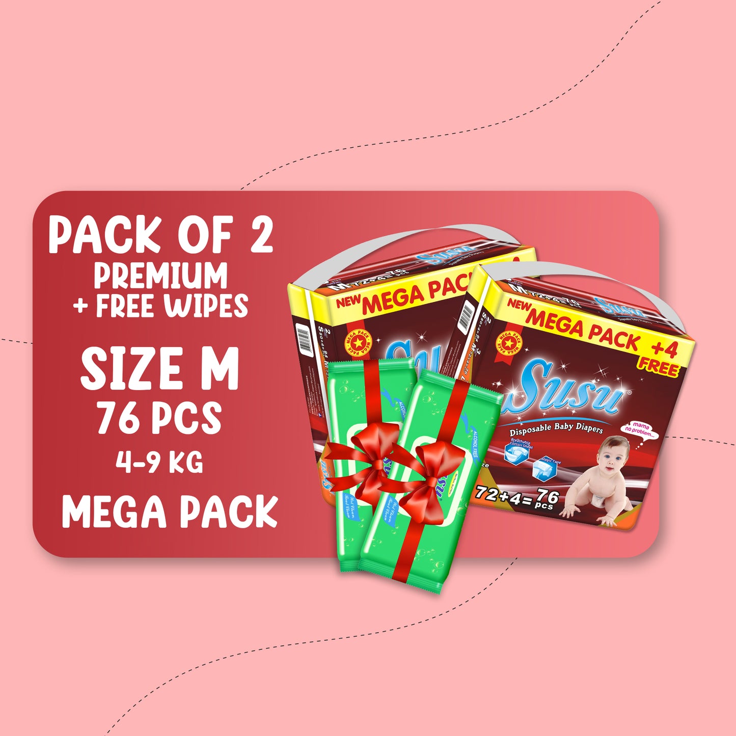 SUSU MEGA PREMIUM (M)-76 PCS BUNDLE PACK OF 2 + FREE WIPES
