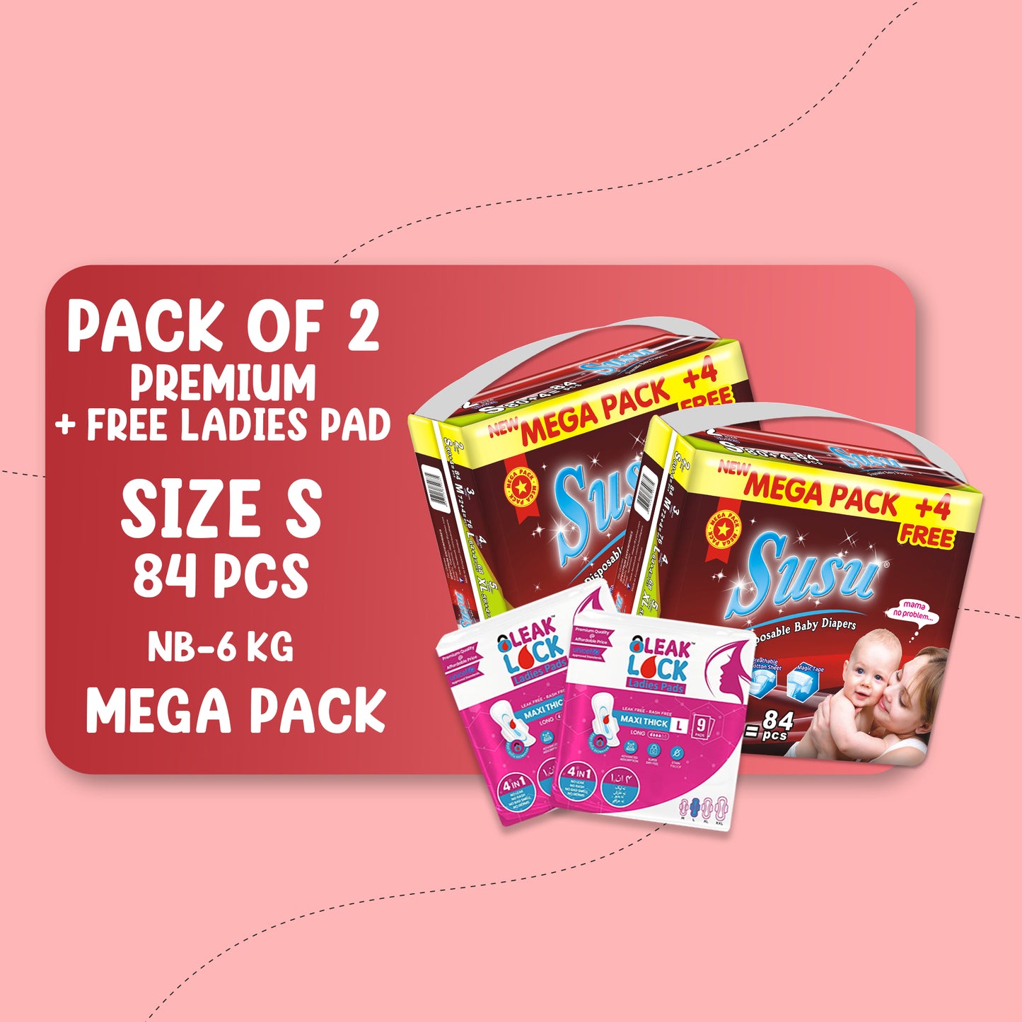 SUSU MEGA PREMIUM (S)-84 PCS BUNDLE PACK OF 2 + FREE Ladies Pads