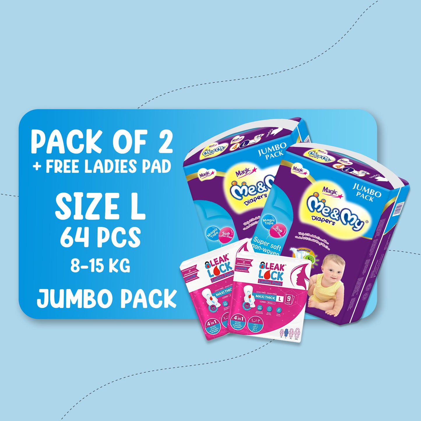 ME & MY MAGIC JUMBO (L)-64 PCS BUNDLE PACKS OF 2 + Free Ladies Pads