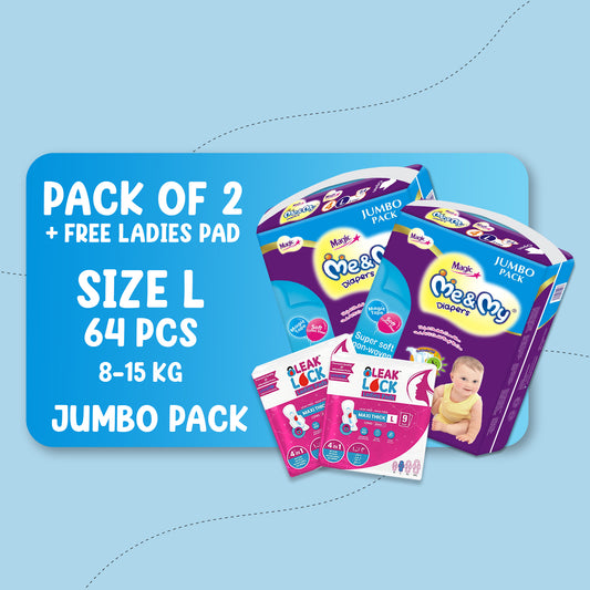 ME & MY MAGIC JUMBO (L)-64 PCS BUNDLE PACKS OF 2 + Free Ladies Pads