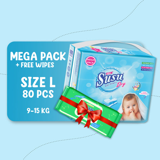 NEW SUSU DRY MEGA (L) -80 PCS + FREE WIPES