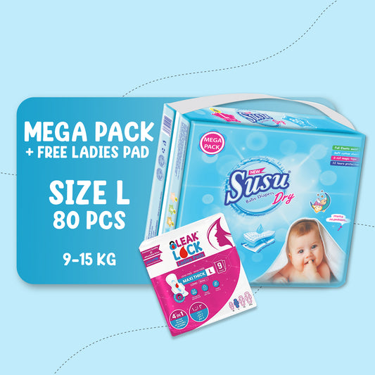 NEW SUSU DRY MEGA (L) -80 PCS + FREE Ladies Pad