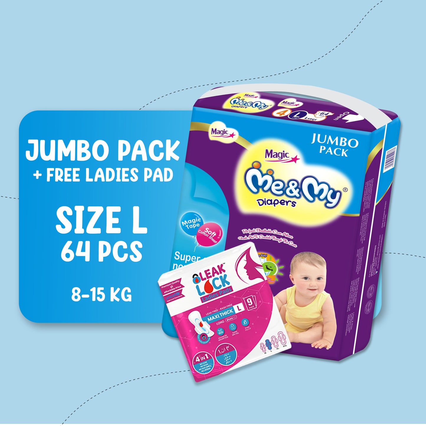 ME & MY MAGIC JUMBO (L) - 64 PCS + Free Ladies Pads