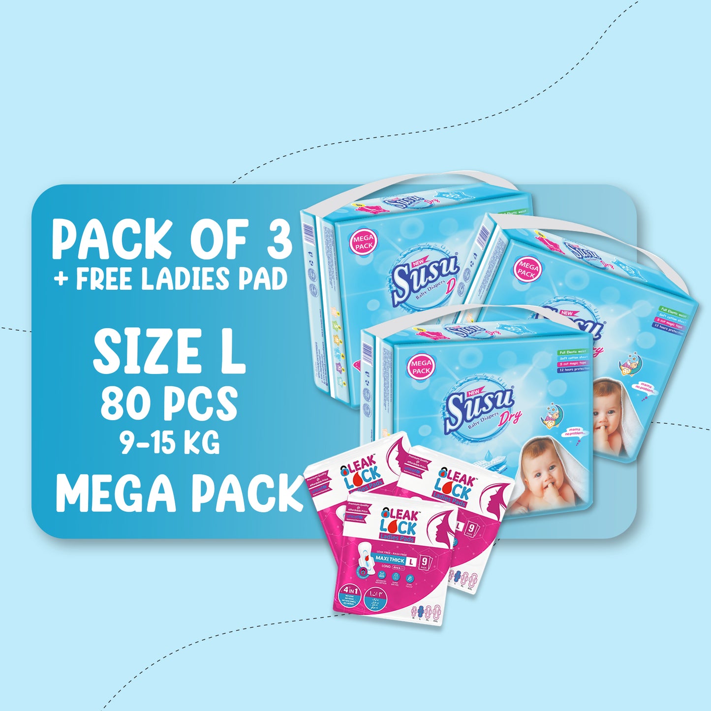 NEW SUSU DRY MEGA (L)-80 PCS BUNDLE PACKS OF 3 + FREE Ladies Pads