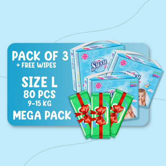 NEW SUSU DRY MEGA (L)-80 PCS BUNDLE PACKS OF 3 + FREE WIPES