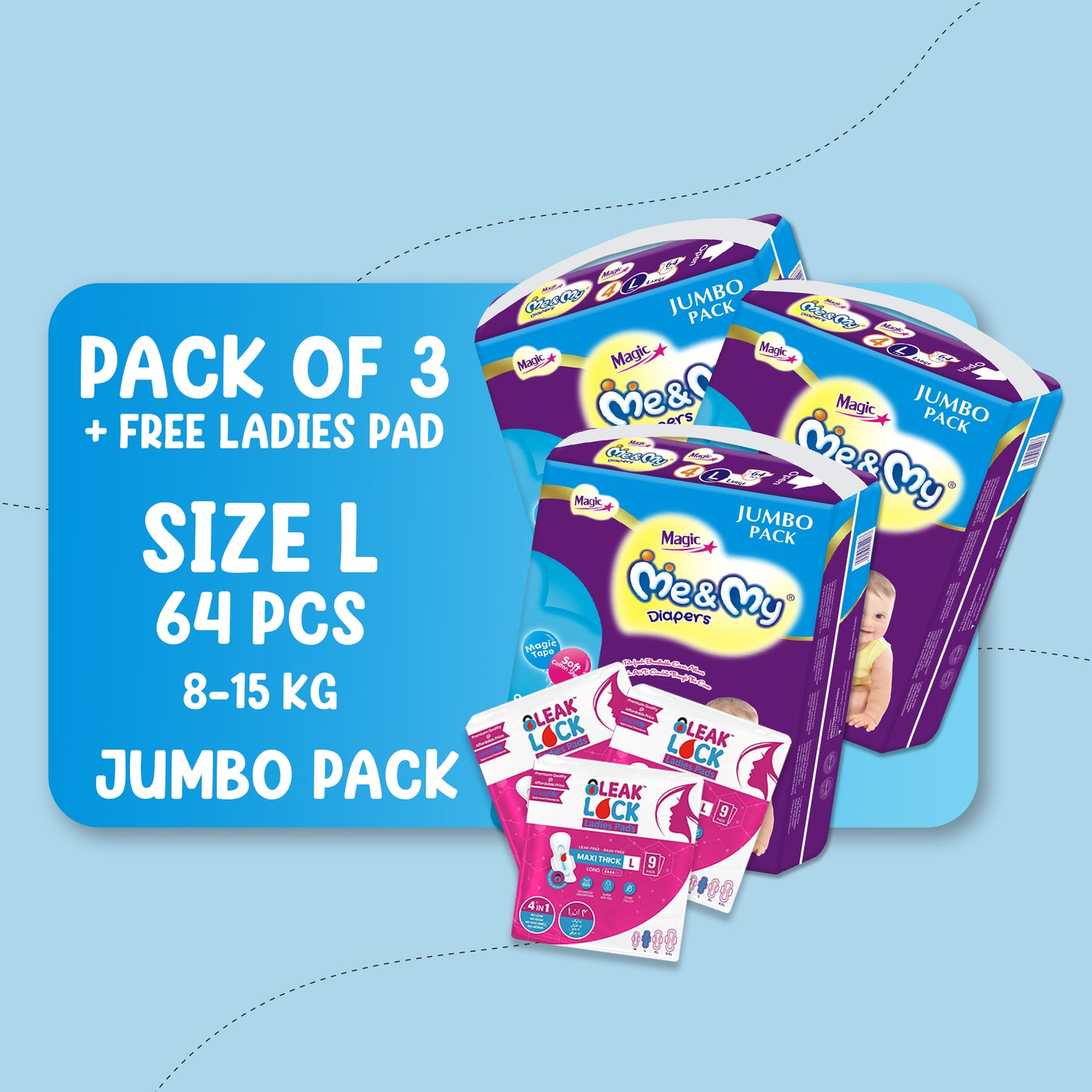 ME & MY MAGIC JUMBO (L)-64 PCS BUNDLE PACKS OF 3 + Free Ladies Pads