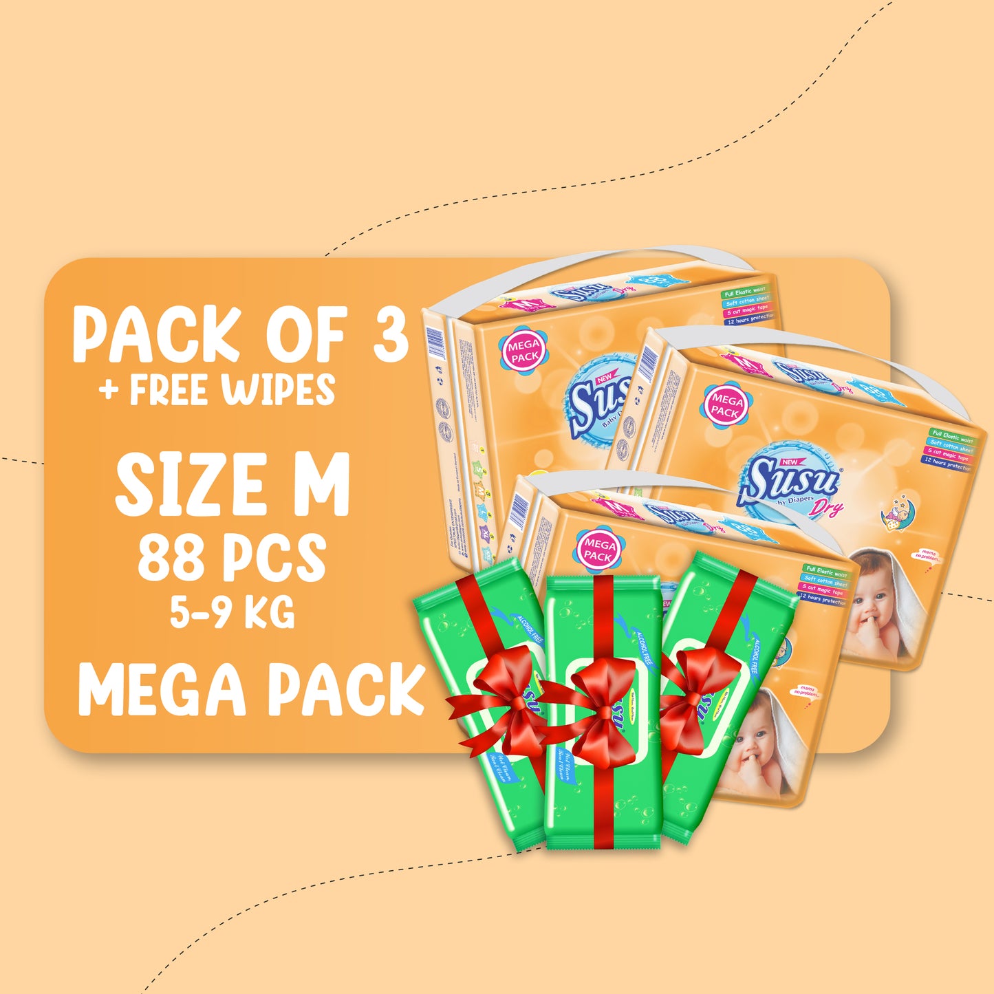 NEW SUSU DRY MEGA (M)-88 PCS BUNDLE PACKS OF 3 + FREE WIPES