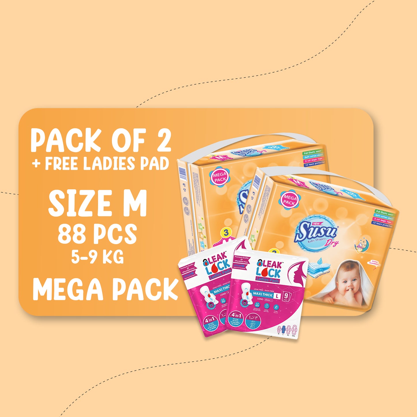 NEW SUSU DRY MEGA (M)-88 PCS BUNDLE PACKS OF 2 + FREE Ladies Pads