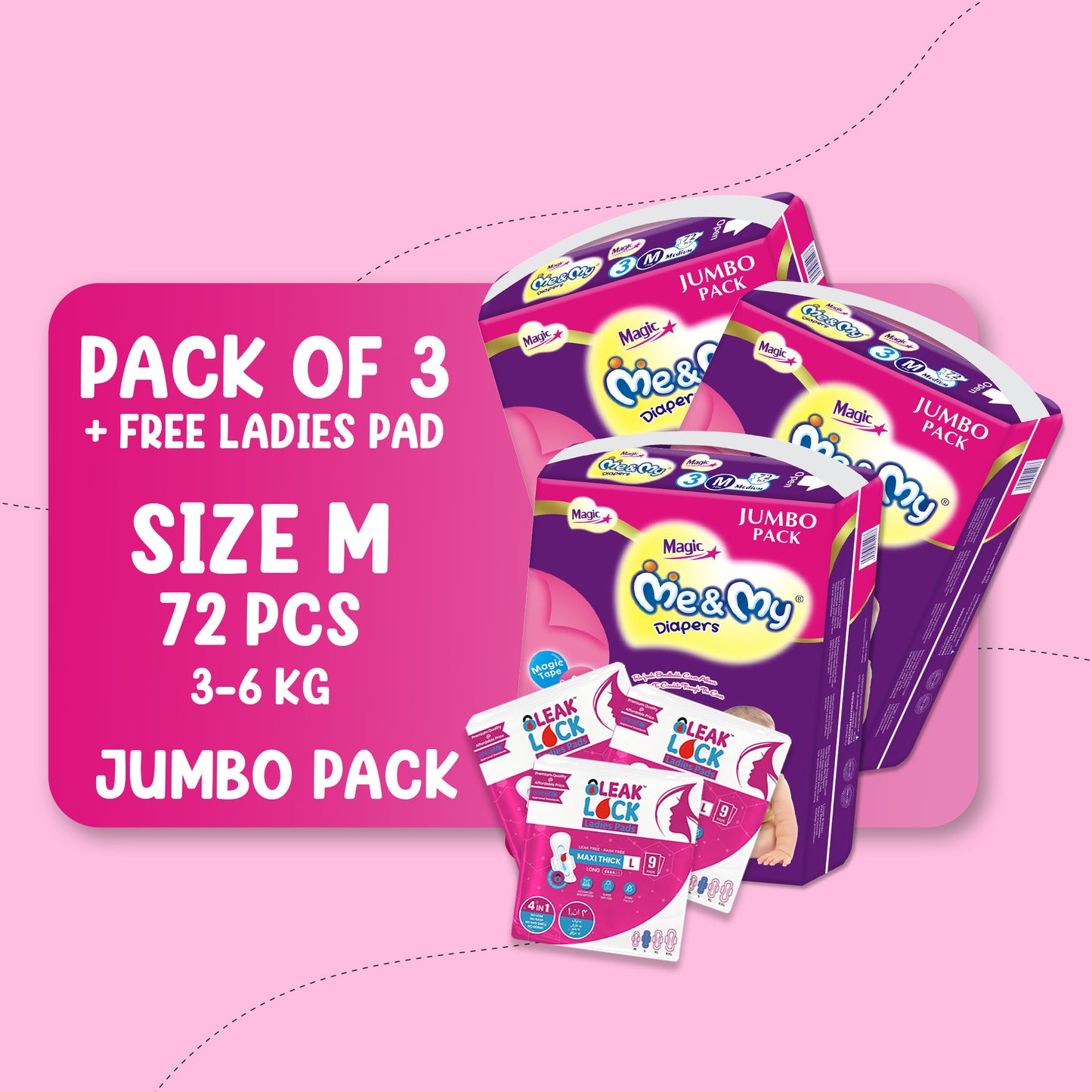 ME & MY MAGIC JUMBO (M)- 72 PCS BUNDLE PACKS OF 3 + Free Ladies Pads