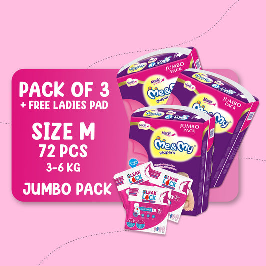 ME & MY MAGIC JUMBO (M)- 72 PCS BUNDLE PACKS OF 3 + Free Ladies Pads