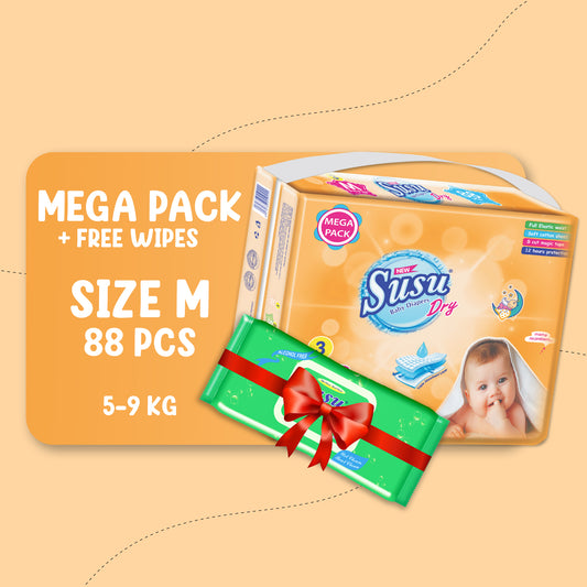 NEW SUSU DRY MEGA (M)- 88 PCS + FREE WIPES