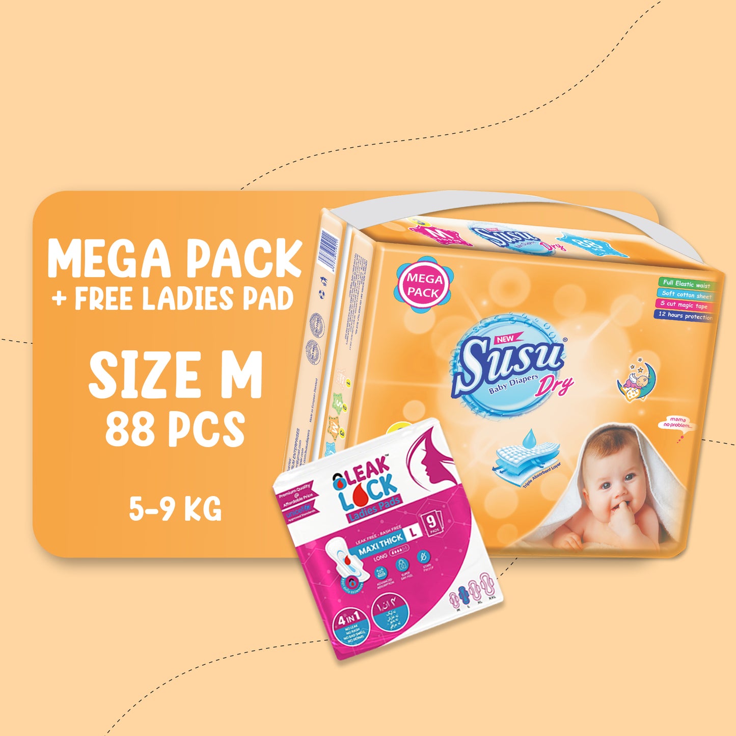 NEW SUSU DRY MEGA (M)- 88 PCS + FREE Ladies Pad