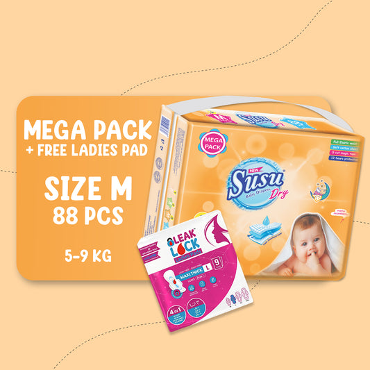 NEW SUSU DRY MEGA (M)- 88 PCS + FREE Ladies Pad