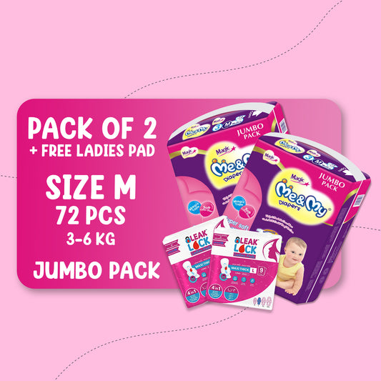 ME & MY MAGIC JUMBO (M)- 72 PCS BUNDLE PACKS OF 2 + Free Ladies Pads