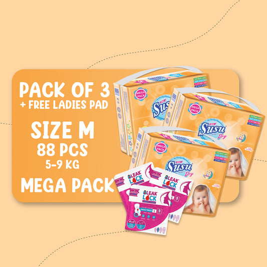 NEW SUSU DRY MEGA (M)-88 PCS BUNDLE PACKS OF 3 + FREE Ladies Pads