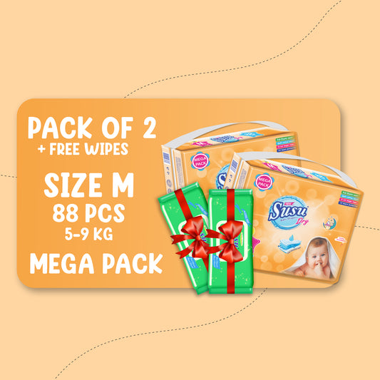 NEW SUSU DRY MEGA (M)-88 PCS BUNDLE PACKS OF 2 + FREE WIPES
